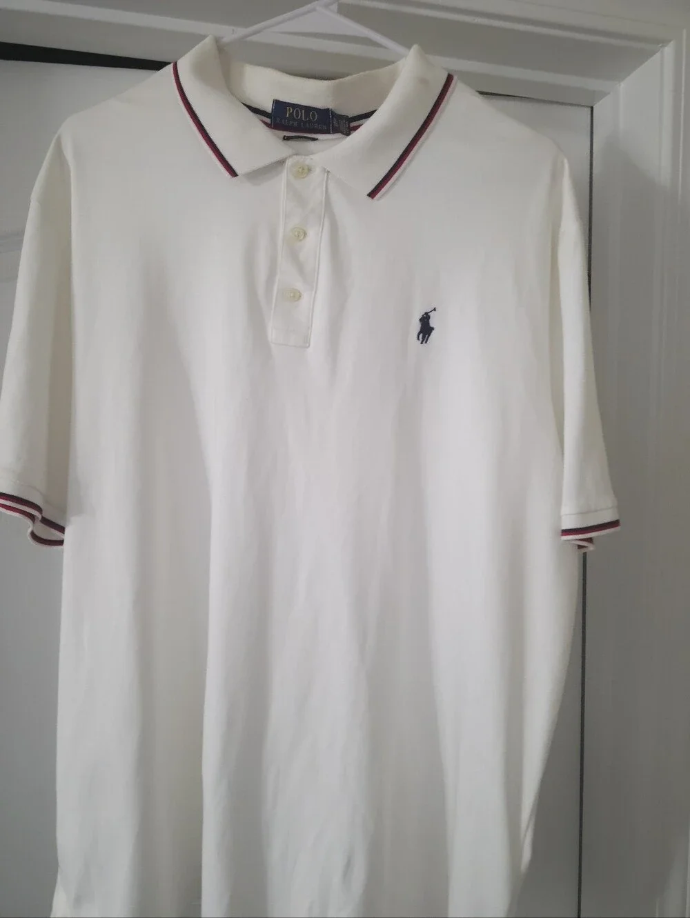 Ralph Lauren White Polo with Navy Logo and Red Trim